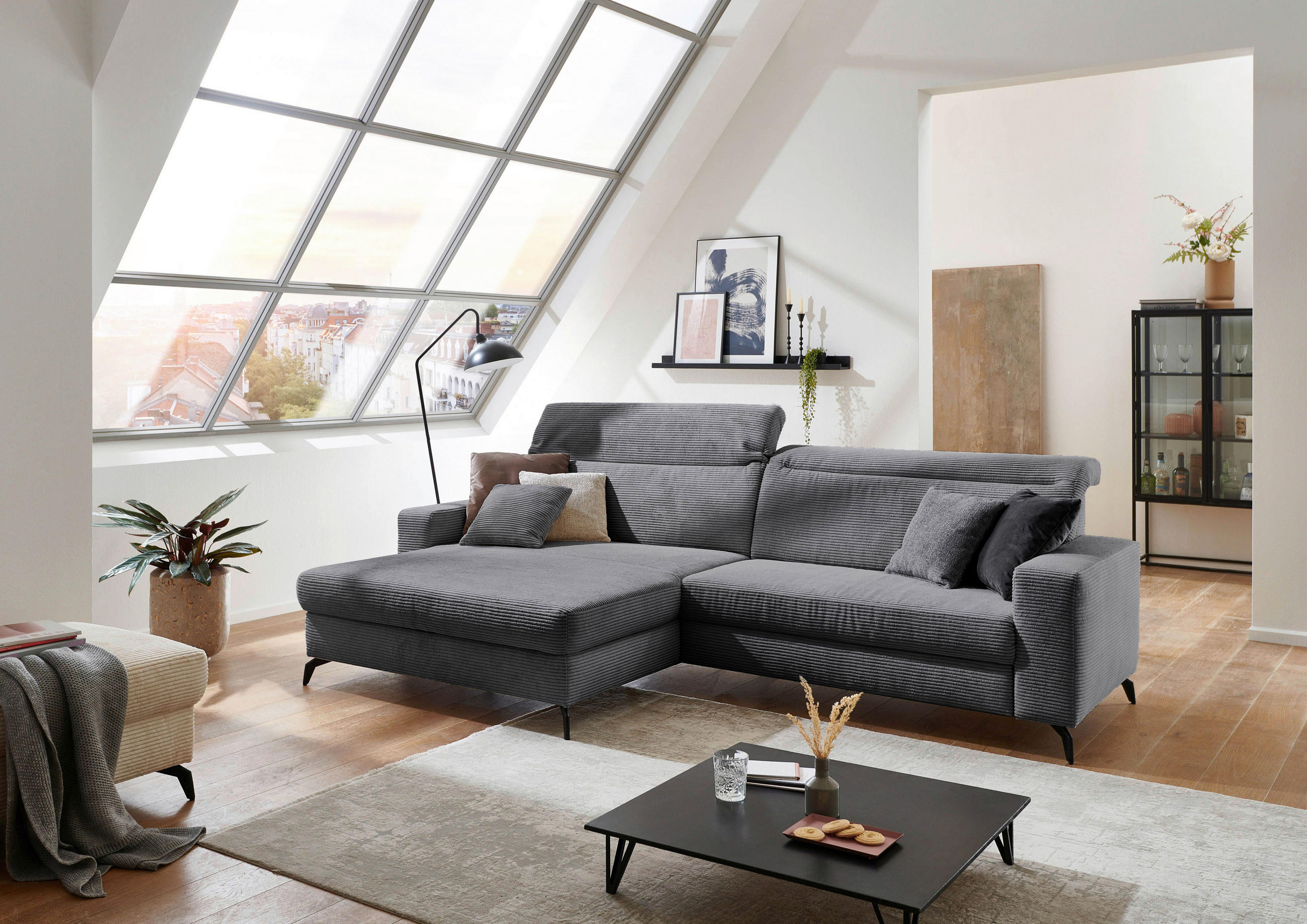 ECKSOFA in Cord Grau - Schwarz/Grau, Konventionell, Textil/Metall (178/290cm) - Sit & More