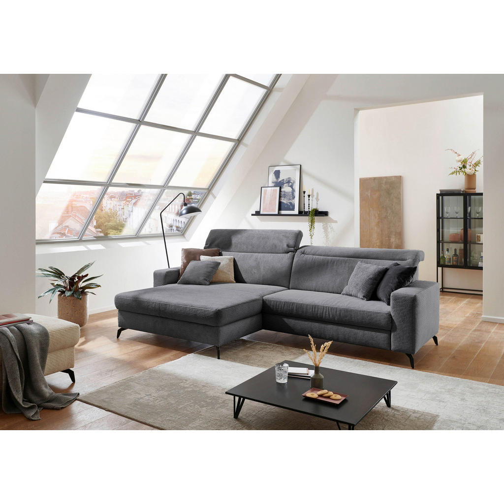 Thumbnail - Cantus Ecksofa, Grau, Textil, 4-Sitzer, Ottomane links, L-Form, 290x178 cm, Rücken echt, Liegefunktion, Wohnzimmer, Sofa...