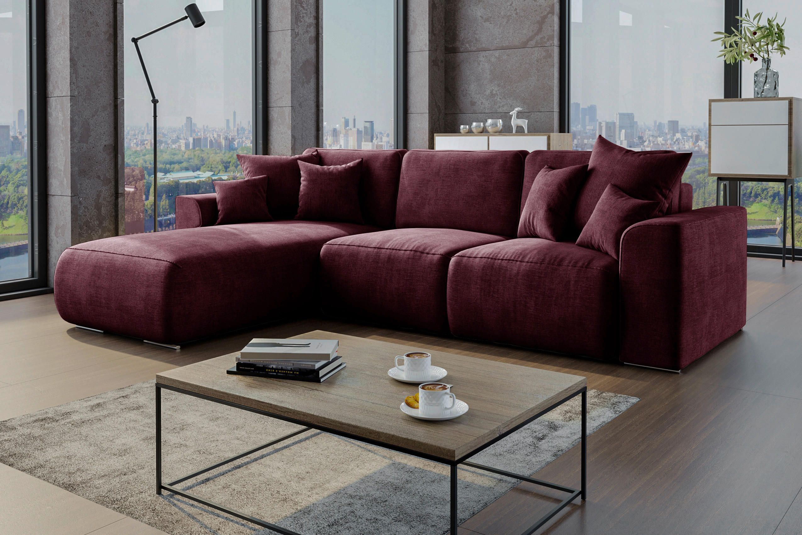 ECKSOFA Bordeaux Samt  - Chromfarben/Bordeaux, KONVENTIONELL, Kunststoff/Textil (195/293cm) - Carryhome