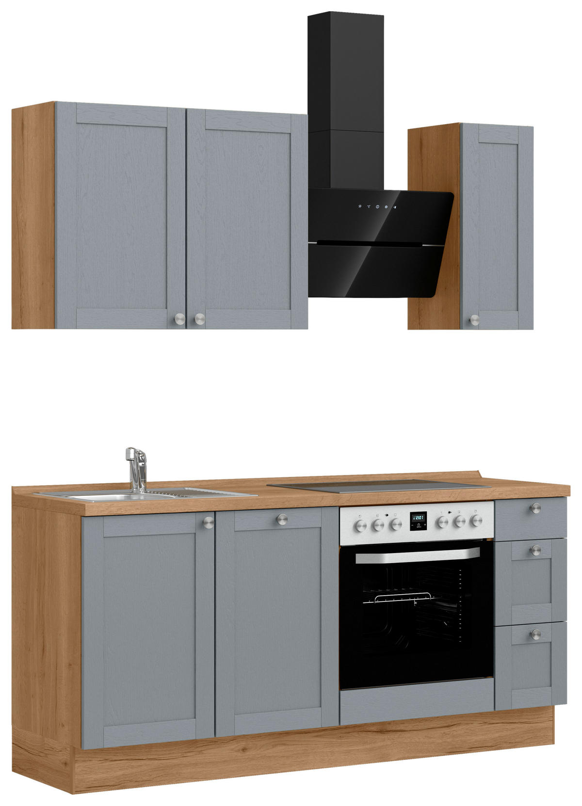 KÜCHENBLOCK Frame 180 cm  in Eichefarben, Blaugrau  - Edelstahlfarben/Eichefarben, MODERN, Holzwerkstoff/Metall (180cm) - Nobilia