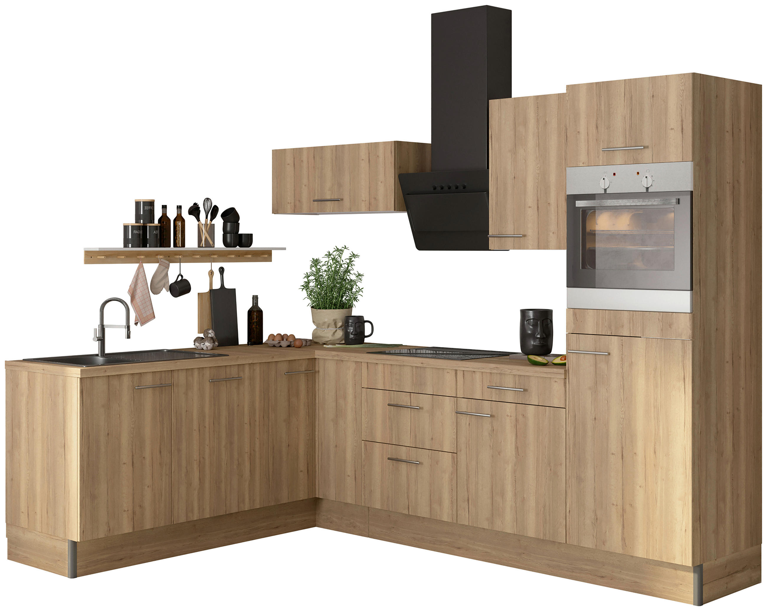 ECKKÜCHE 200/270 cm  in Eichefarben  - Edelstahlfarben/Eichefarben, Basics, Holzwerkstoff/Metall (200/270cm) - Optifit