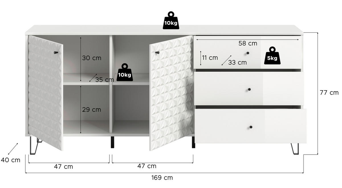 SIDEBOARD  in 170/76/40 cm  - Weiß Hochglanz/Schwarz, Design, Holzwerkstoff/Kunststoff (170/76/40cm) - Livetastic
