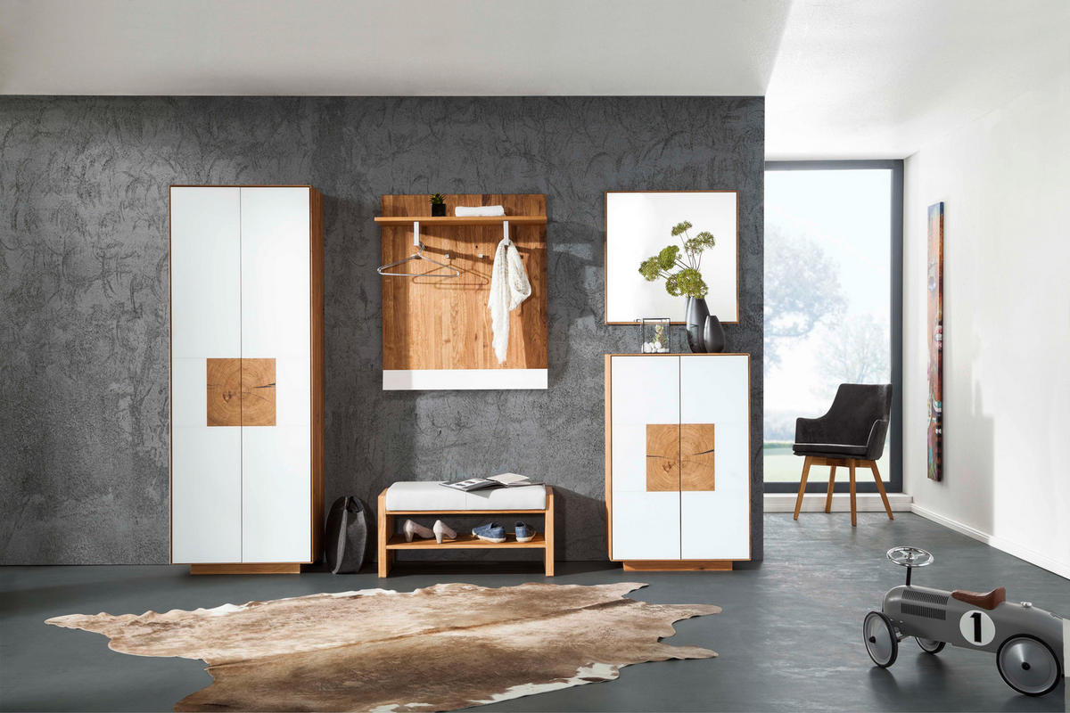 SCHUHSCHRANK Asteiche massiv Weiß, Eichefarben  - Eichefarben/Weiß, MODERN, Glas/Holz (72/198/37cm) - Linea Natura