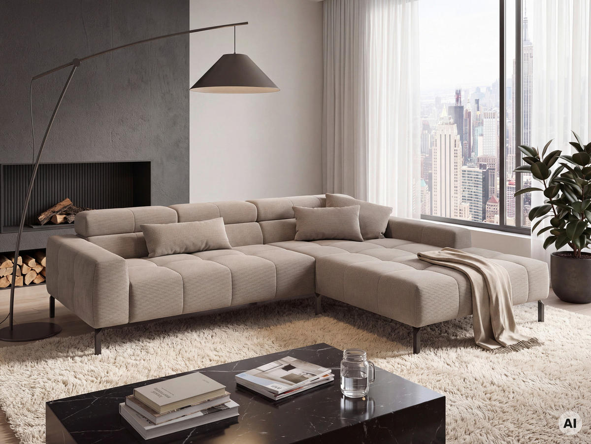 ECKSOFA Sandfarben Feincord Rücken echt, Kopfteilverstellung, Sitztiefenverstellung  - Sandfarben/Schwarz, KONVENTIONELL, Textil/Metall (293/226cm) - Hom`in