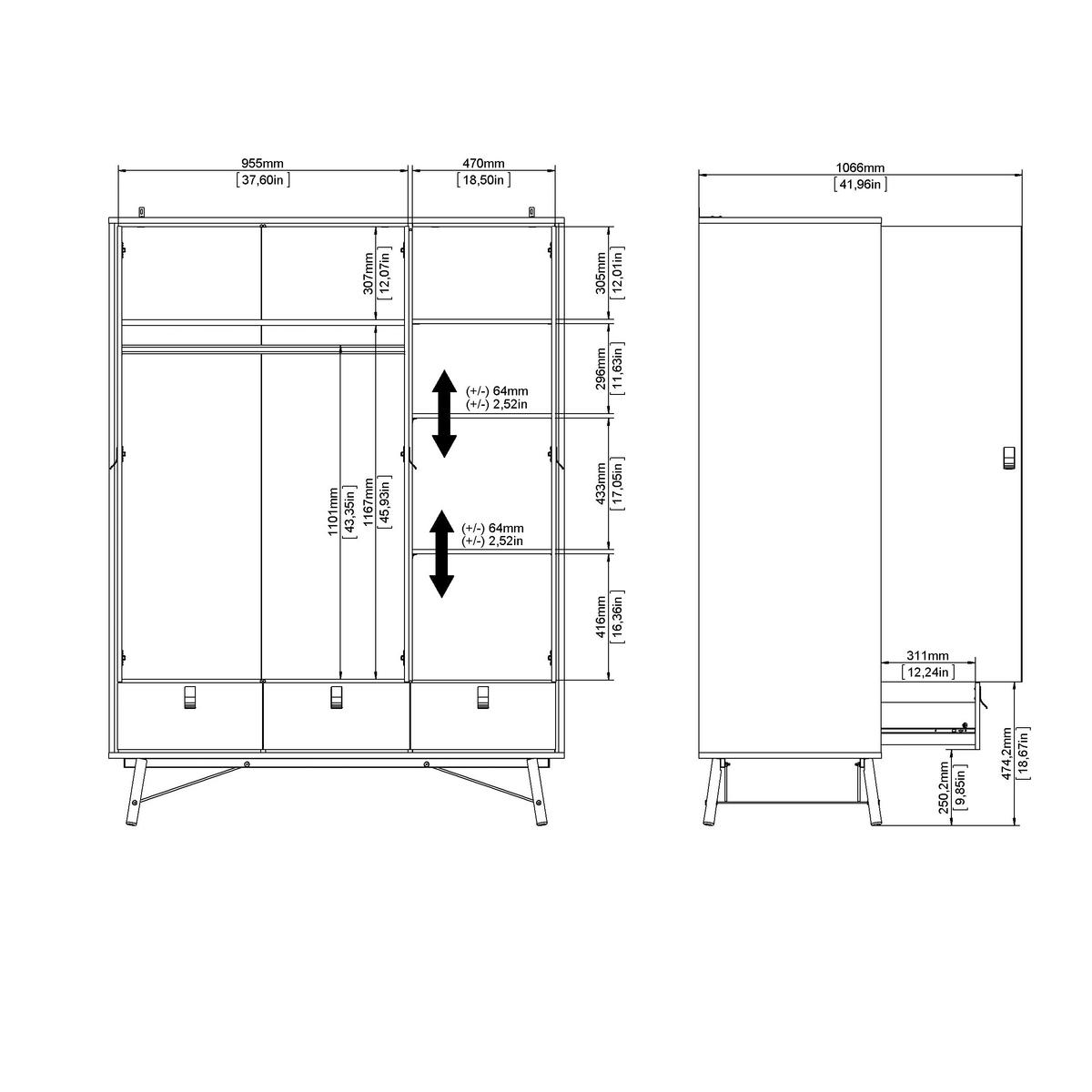 KLEIDERSCHRANK in Eichefarben  - Eichefarben/Schwarz, Modern, Holzwerkstoff/Metall (150,2/200,4/60,1cm) - MID.YOU