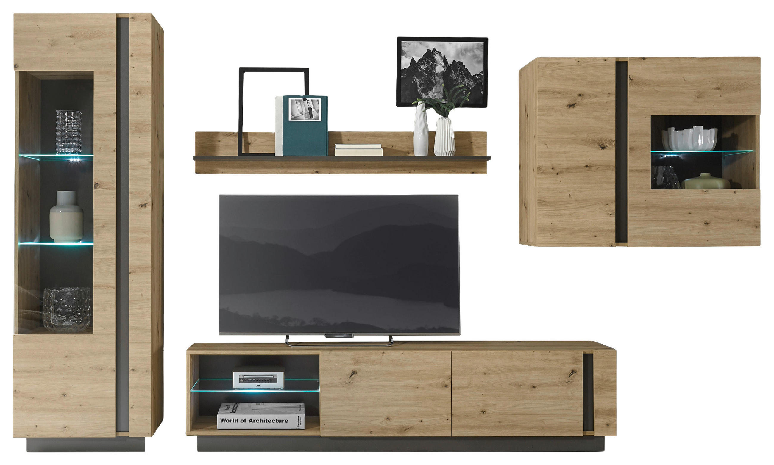 WOHNWAND 4-teilig  in Grau, Eiche Artisan  315/194/40 cm  - Eiche Artisan/Grau, Design, Glas/Holzwerkstoff (315/194/40cm) - MID.YOU