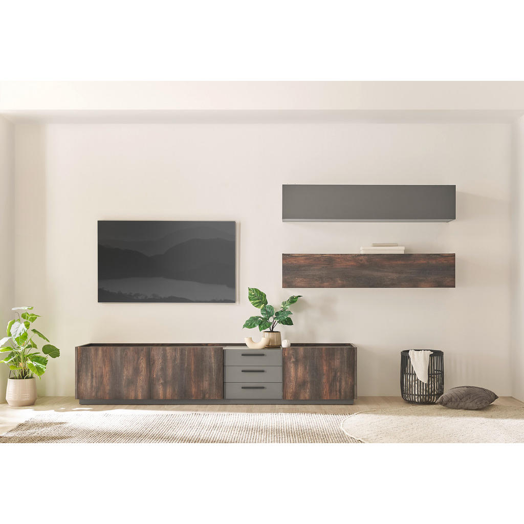 Thumbnail - Mid.you Wohnwand, Anthrazit, Eiche, Metall, 3-teilig, 2,2,3 Fächer, 3 Schubladen, 316x200x45 cm, Typenauswahl, stehend, ...