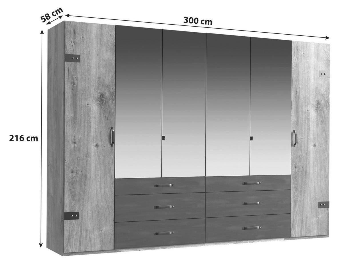 DREHTÜRENSCHRANK 300/216/58 cm 6-türig Eichefarben, Graphitfarben  - Eichefarben/Graphitfarben, Basics, Holzwerkstoff/Metall (300/216/58cm) - MID.YOU