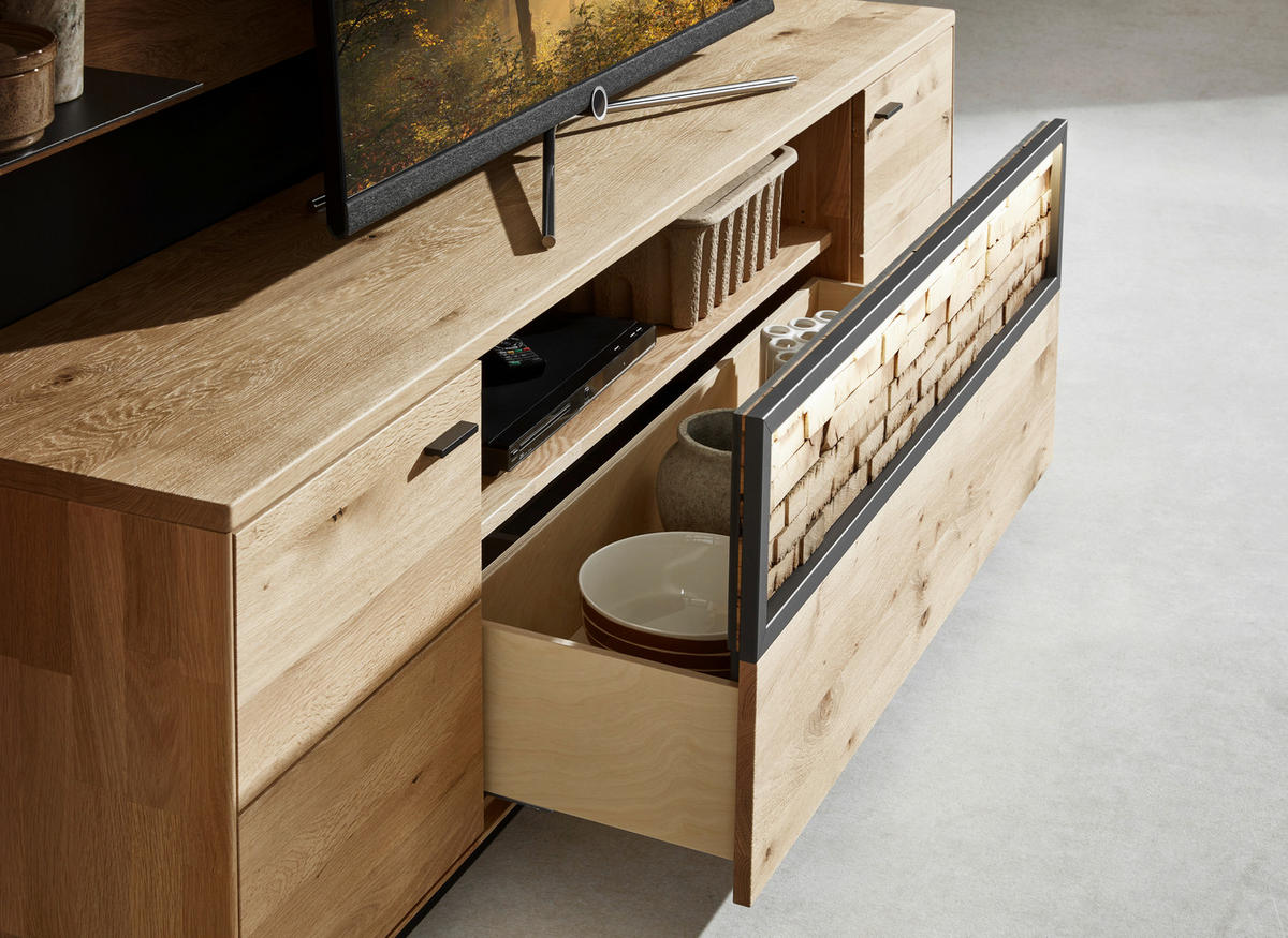 WOHNWAND  in Wildeiche  293,8/207,1/37,1 cm  - Wildeiche/Graphitfarben, Natur, Glas/Holz (293,8/207,1/37,1cm) - Valnatura