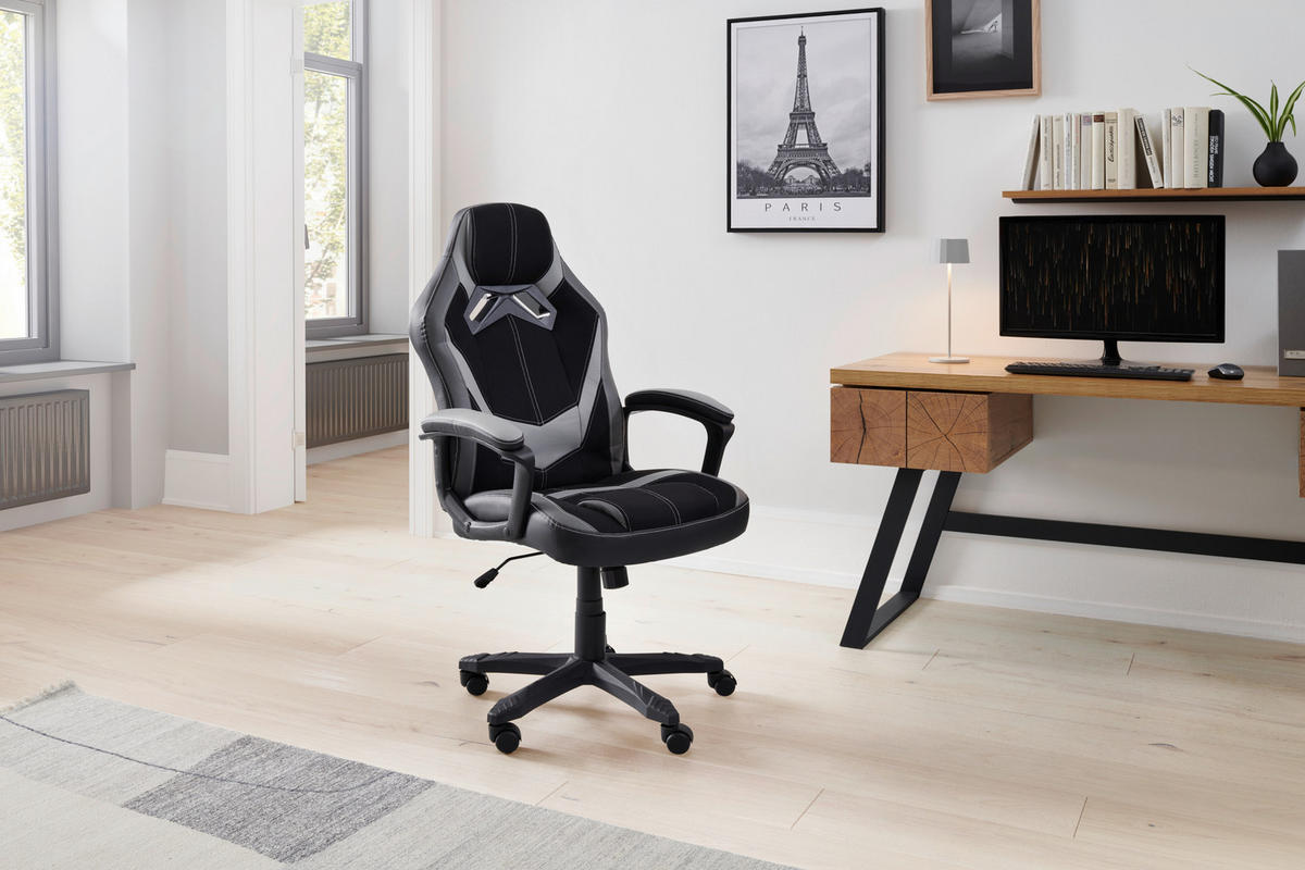 GAMINGSTUHL  in Lederlook, Mikrofaser Grau, Schwarz  - Schwarz/Grau, Lifestyle, Kunststoff/Textil (64,5/112-122/69cm) - Livetastic