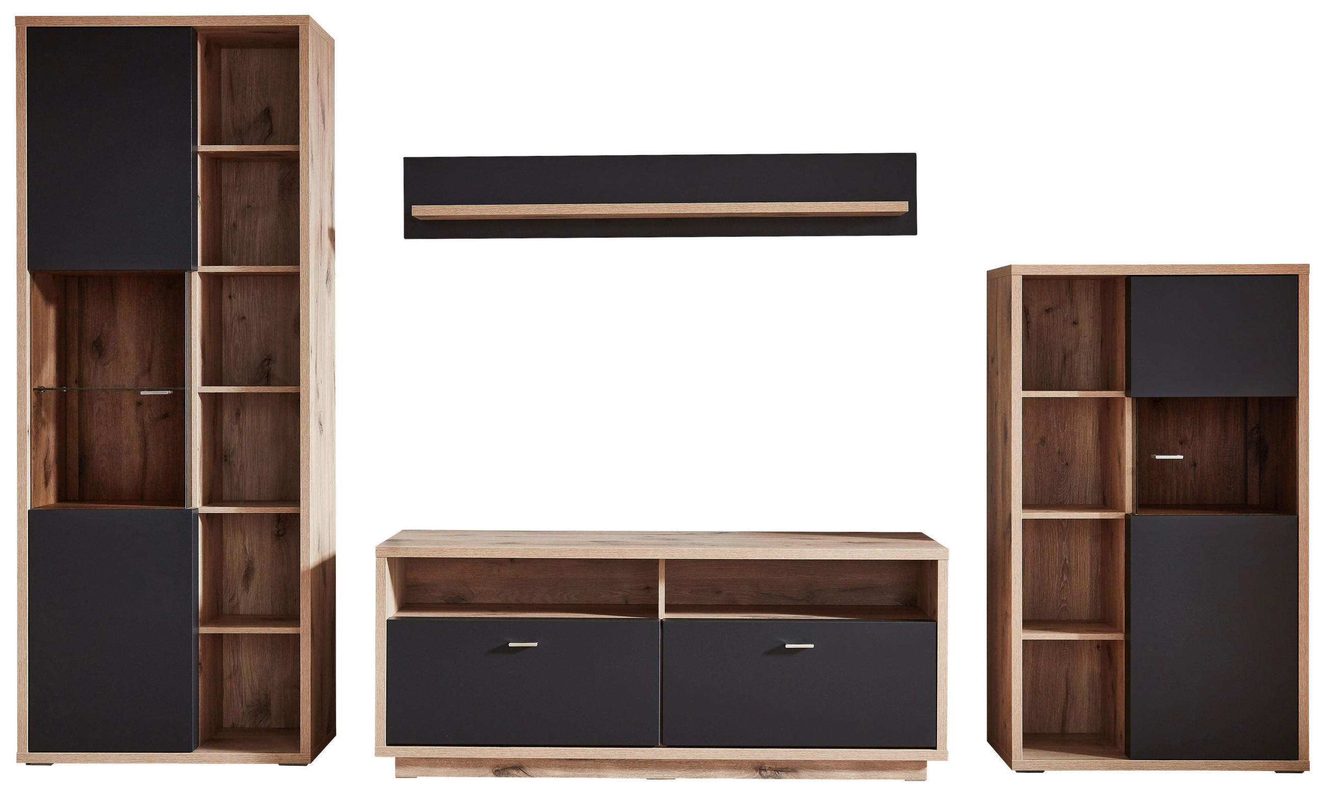 WOHNWAND Eichefarben, Dunkelgrau Einlegeböden - Eichefarben/Dunkelgrau, Design, Glas/Holzwerkstoff (335/206/50cm) - Stylife