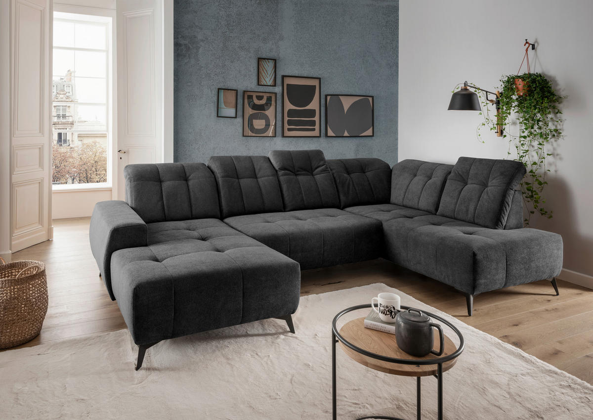 WOHNLANDSCHAFT SANO Anthrazit Chenille  - Anthrazit/Schwarz, MODERN, Textil/Metall (180/337/200cm) - Livetastic