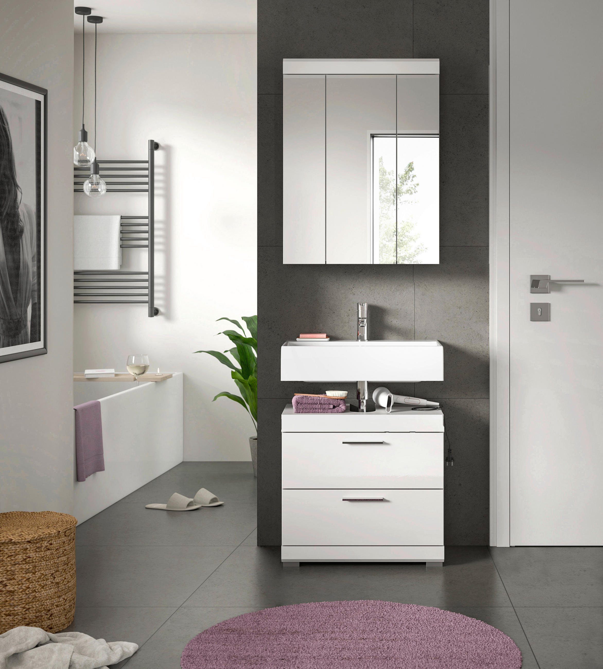 BADEZIMMER 2-teilig  in 60 cm  - Weiß Hochglanz/Silberfarben, MODERN, Glas/Holzwerkstoff (60cm) - MID.YOU