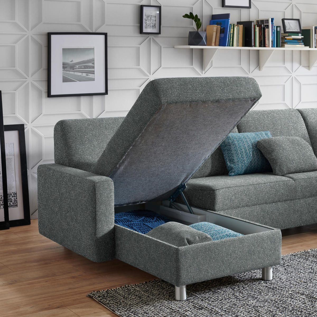 WOHNLANDSCHAFT  in Mikrovelours Graugrün  - Alufarben/Graugrün, KONVENTIONELL, Kunststoff/Textil (158/322/236cm) - Sedda