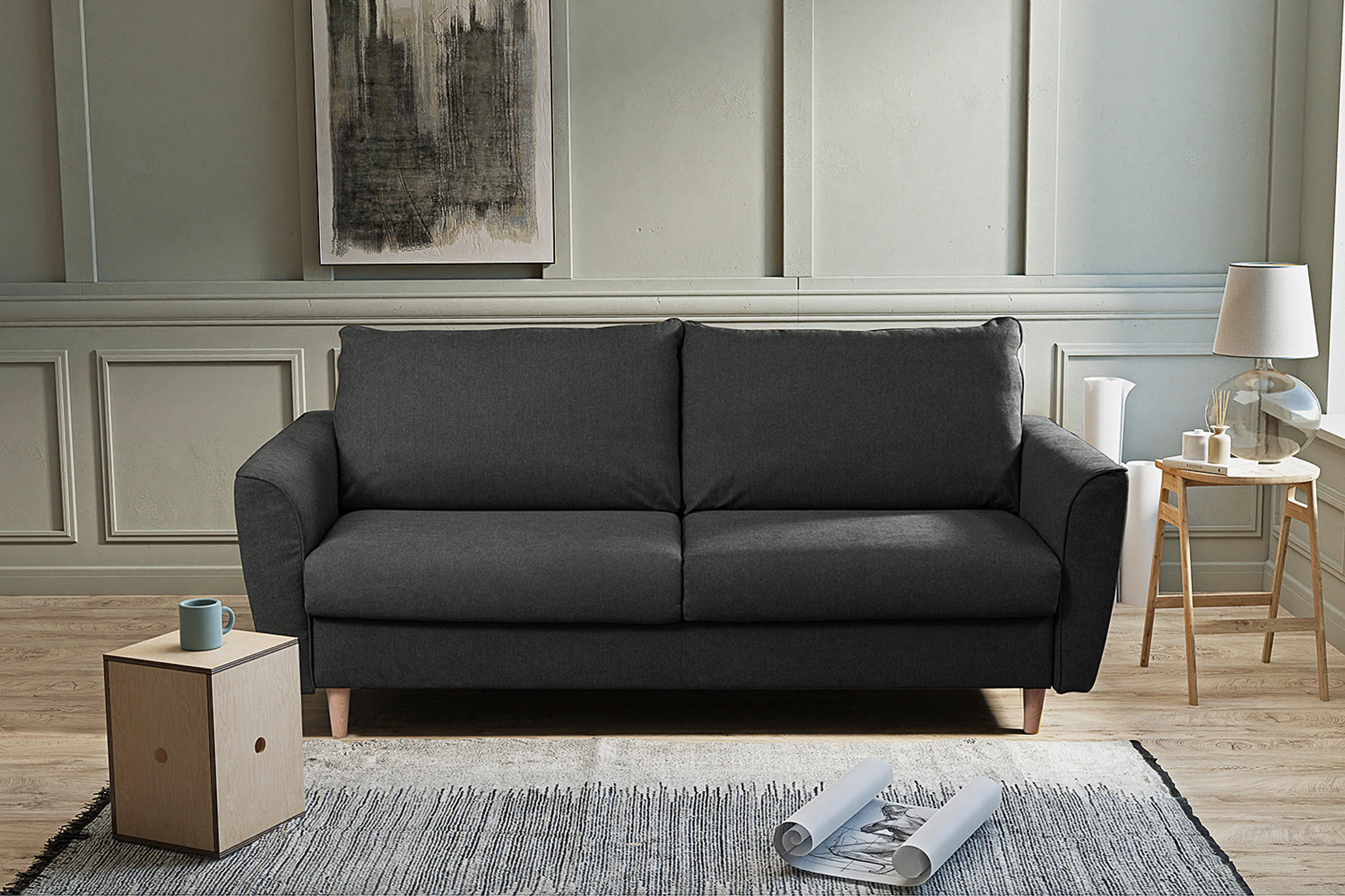 SCHLAFSOFA Flachgewebe Anthrazit  - Anthrazit/Buchefarben, Design, Holz/Textil (195/90/102cm) - Livetastic