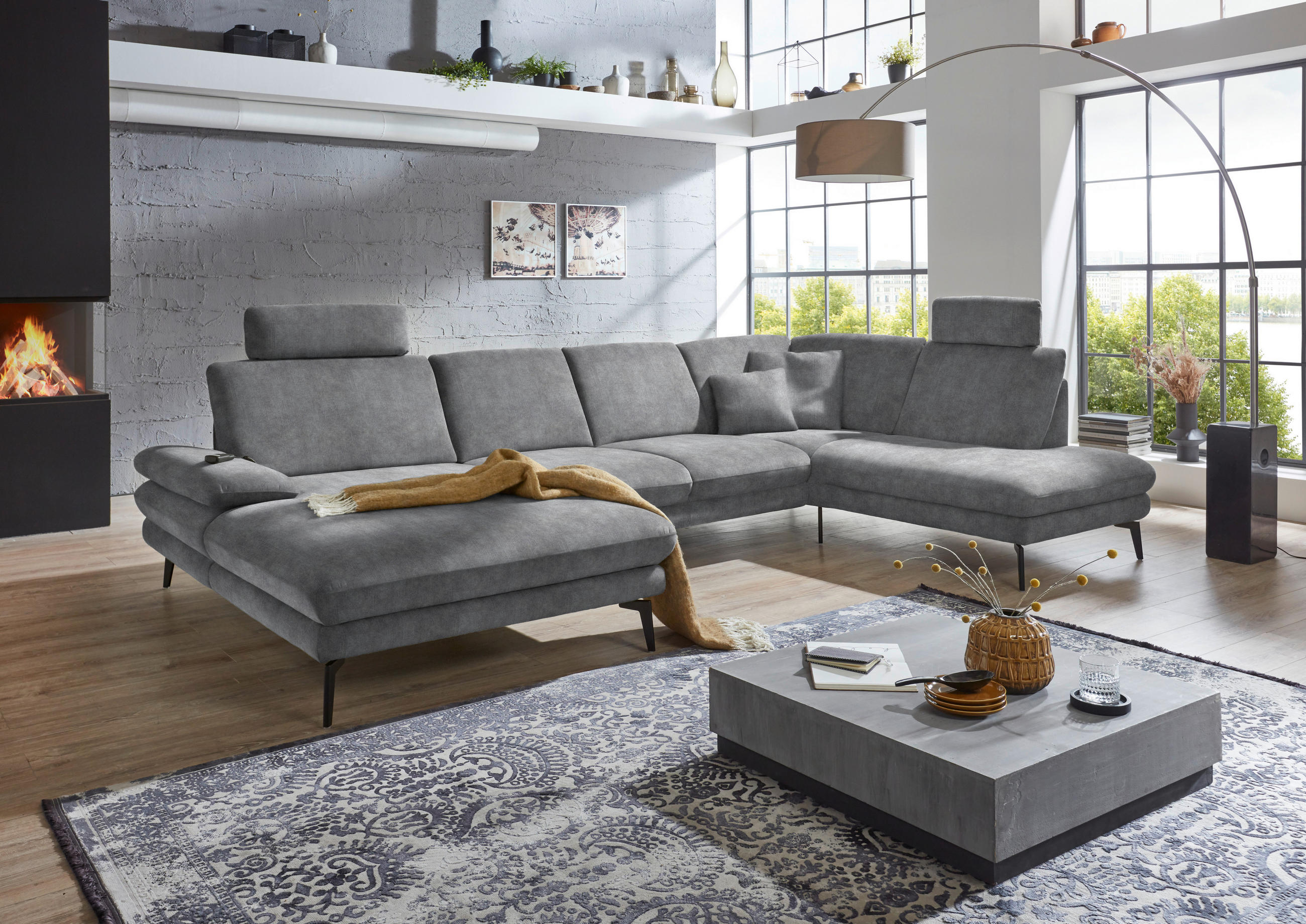 WOHNLANDSCHAFT in Velours Silberfarben  - Silberfarben/Schwarz, Design, Textil/Metall (180/344/208cm) - Dieter Knoll
