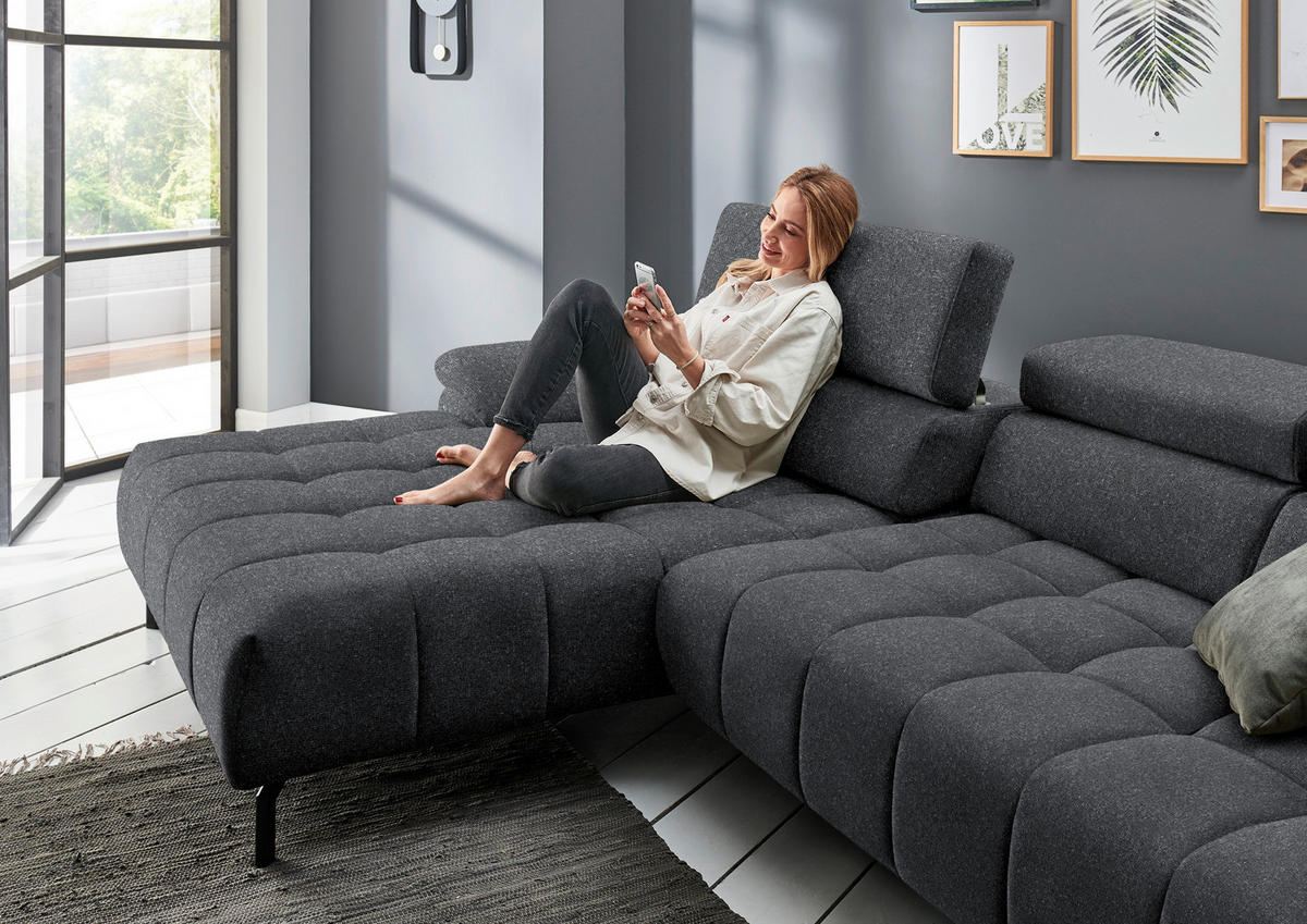 ECKSOFA in Chenille Anthrazit  - Anthrazit/Schwarz, Design, Textil/Metall (190/329cm) - Beldomo Style