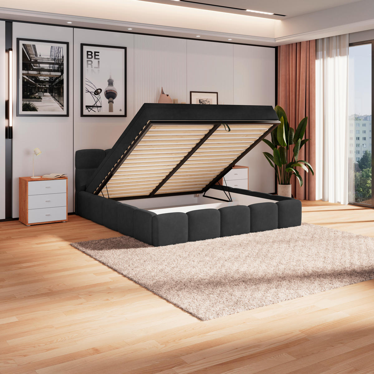 POLSTERBETT 160/200 cm,  in Schwarz, Matratze, Bettkasten, H3 = fest  - Schwarz, Trend, Kunststoff/Textil (160/200cm)