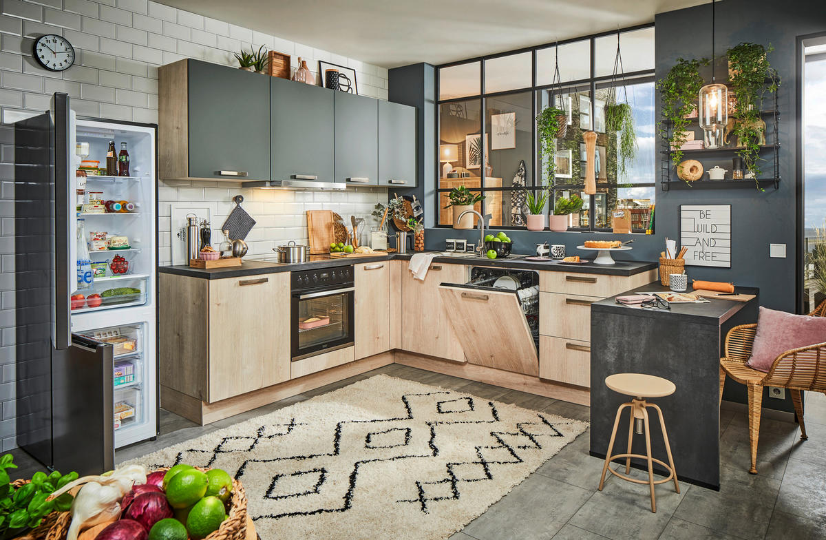 EINBAUKÜCHE   - Dunkelgrün/Eichefarben, Design, Holzwerkstoff - Celina