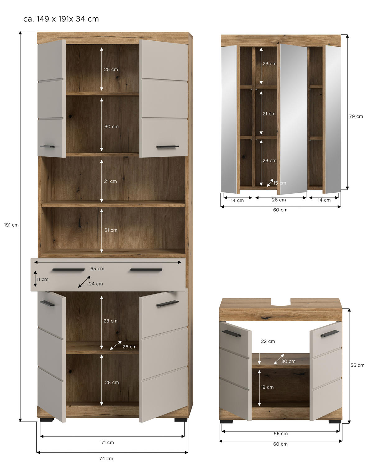 BADEZIMMER 3-teilig  in 134 cm  - Kaschmir/Schwarz, MODERN, Glas/Holzwerkstoff (134cm) - MID.YOU