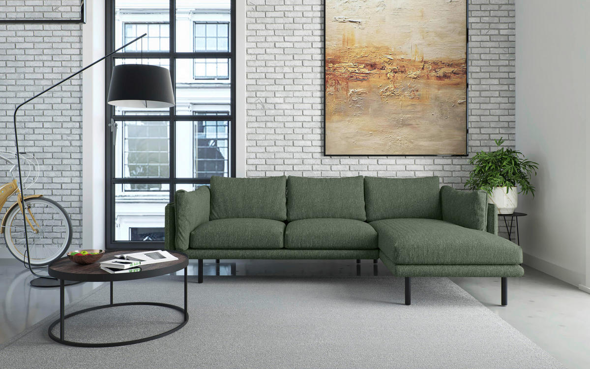 ECKSOFA in Flachgewebe Grün  - Beige/Schwarz, Design, Textil/Metall (268/160/100cm) - Livetastic