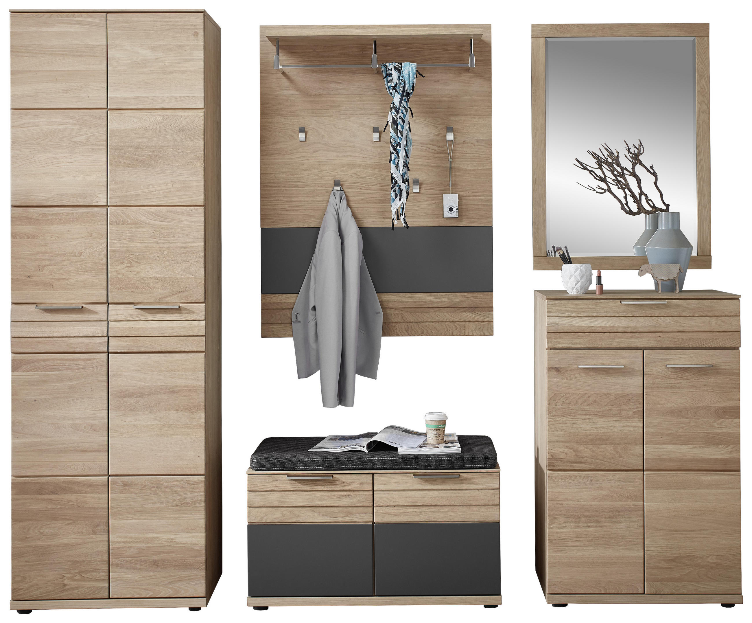 GARDEROBE Graphitfarben, Eichefarben - Eichefarben/Graphitfarben, Natur, Holz/Textil