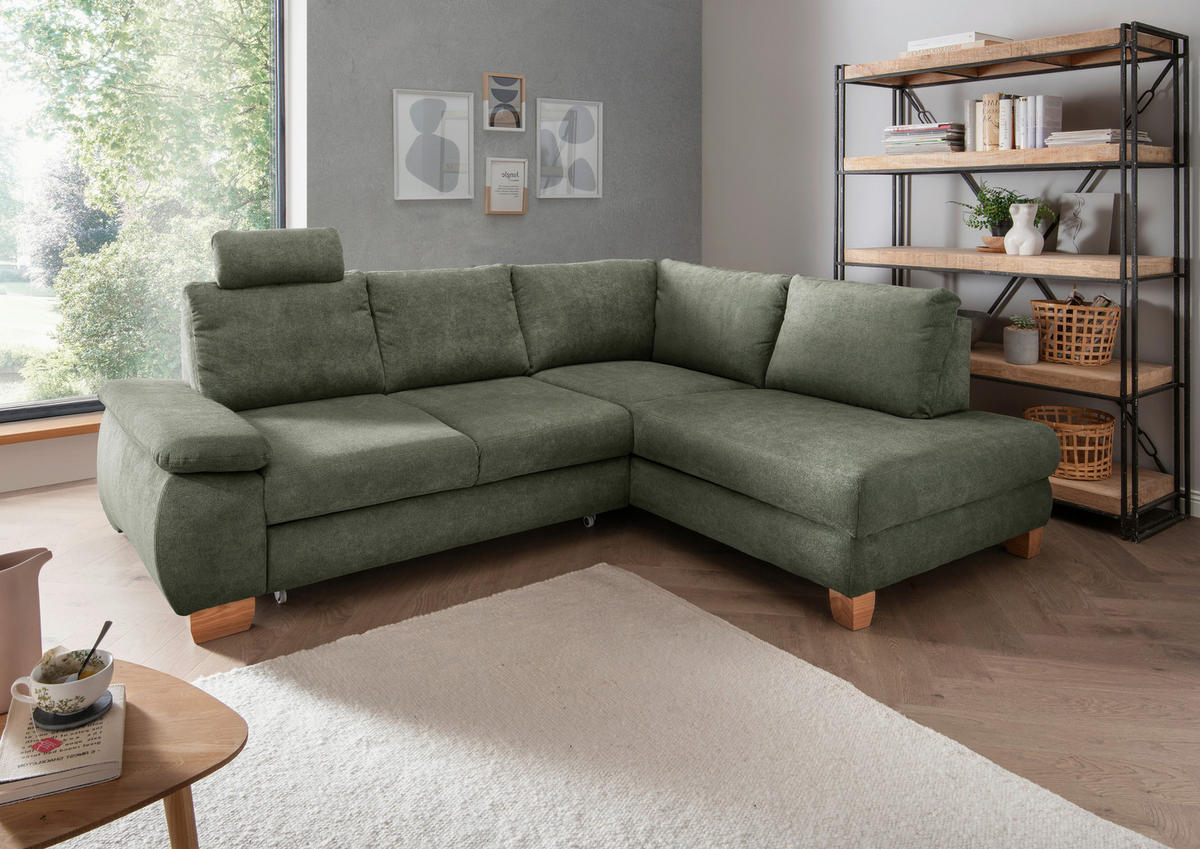 ECKSCHLAFSOFA Chenille Dunkelgrün  - Wildeiche/Dunkelgrün, MODERN, Holz/Textil (261/206cm) - Livetastic