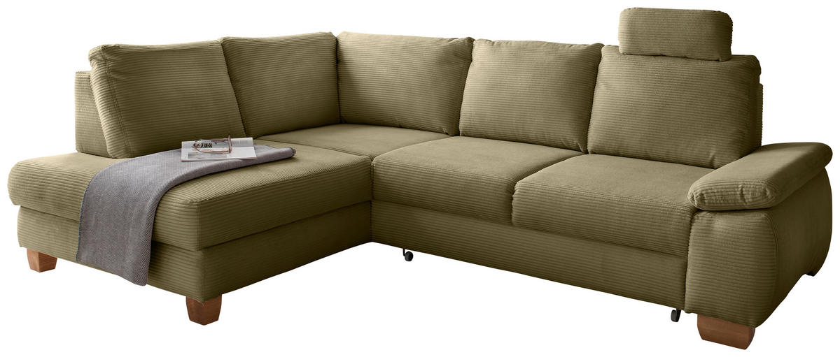 ECKSCHLAFSOFA  mit Liegefunktion, Rücken echt, Armteil rechts Cord Olivgrün  - Wildeiche/Olivgrün, MODERN, Holz/Textil (206/261cm) - Livetastic