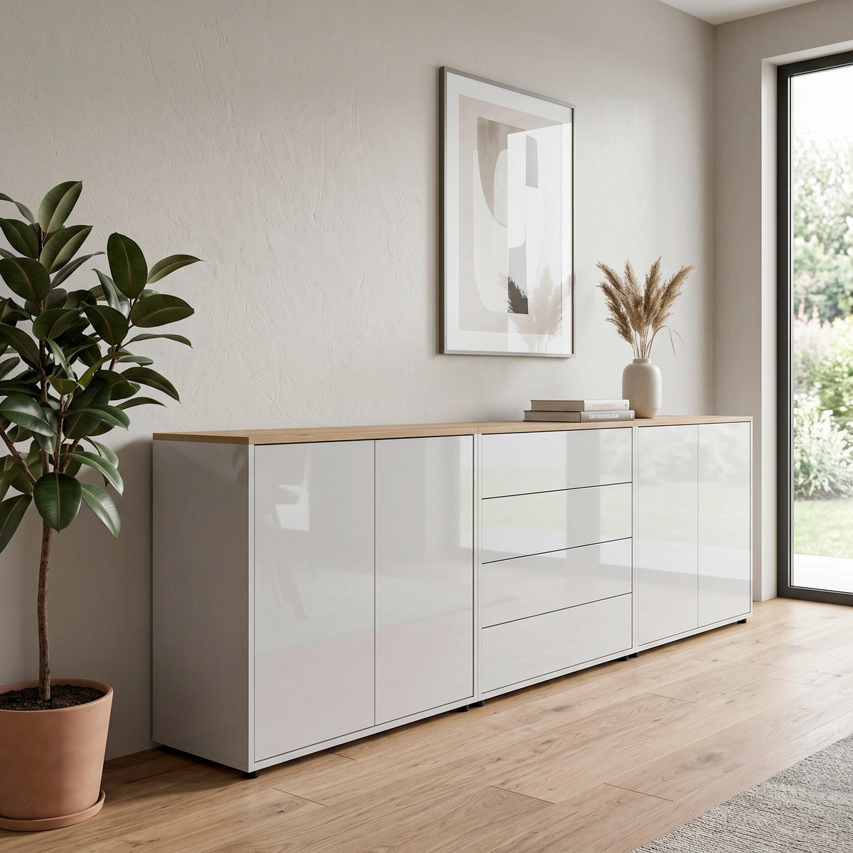 SIDEBOARD Mailand Set 5 237/73/33 cm 4 Schublade(n)  - Weiß Hochglanz/Schwarz, MODERN, Holzwerkstoff/Kunststoff (237/73/33cm) - MID.YOU