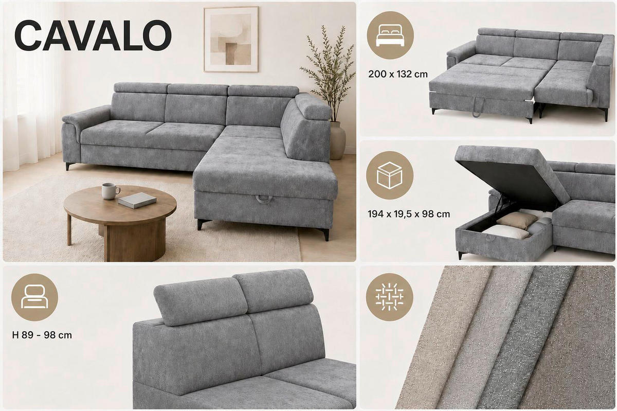 ECKSOFA Hellgrau Chenille Bettkasten, Schlaffunktion, Rücken echt, Kopfteilverstellung, Liegefläche im Originalstoff  - Hellgrau/Schwarz, KONVENTIONELL, Textil/Metall (265/206cm) - Carryhome