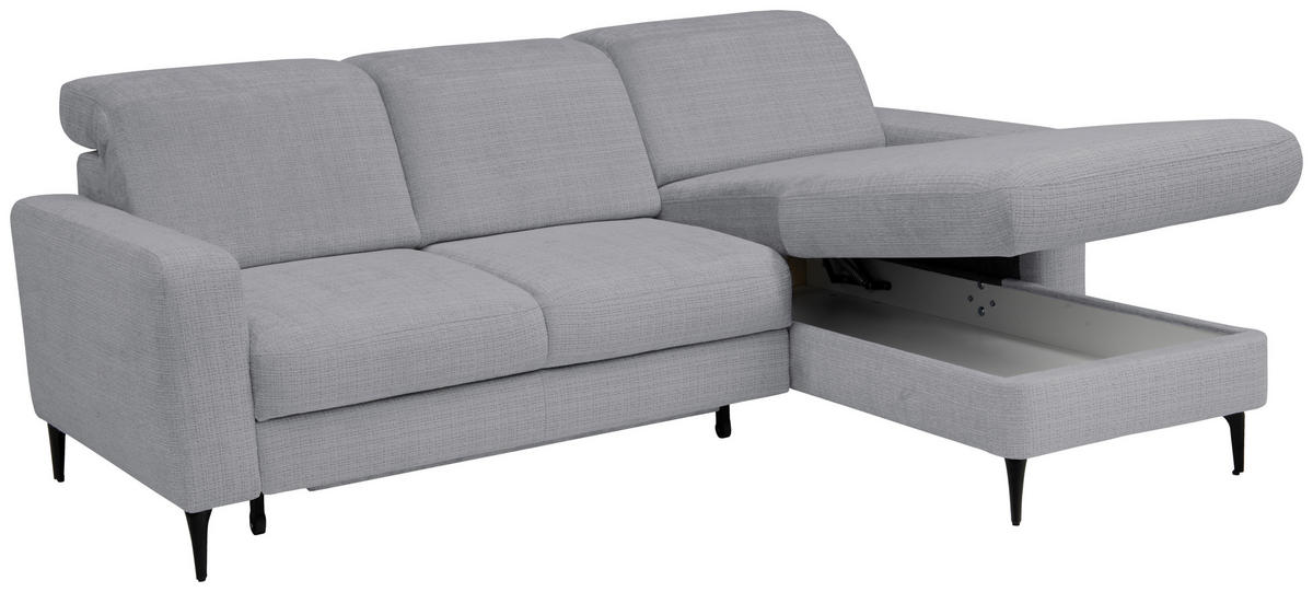 ECKSOFA FABIO Dunkelgrau Chenille Bettkasten, Kopfteilverstellung  - Dunkelgrau/Schwarz, Design, Textil/Metall (174/223cm) - Livetastic