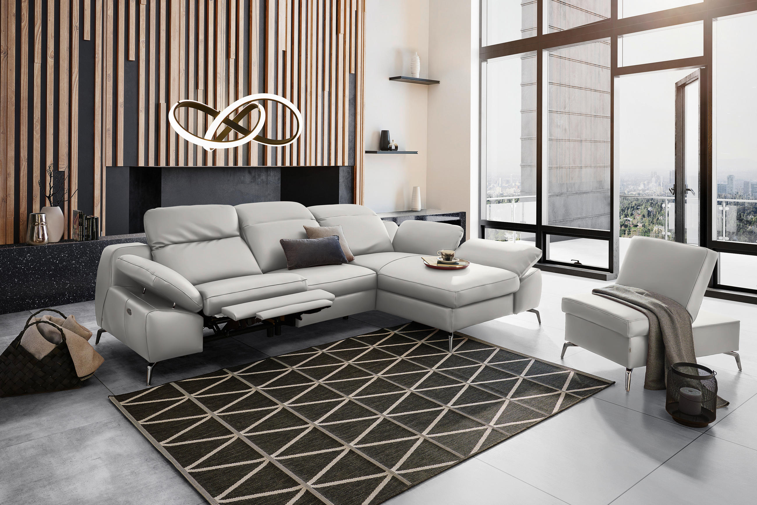 ECKSOFA in Echtleder Greige  286/183 cm  - Greige/Schwarz, Design, Leder/Metall (286/183cm) - Celina Home