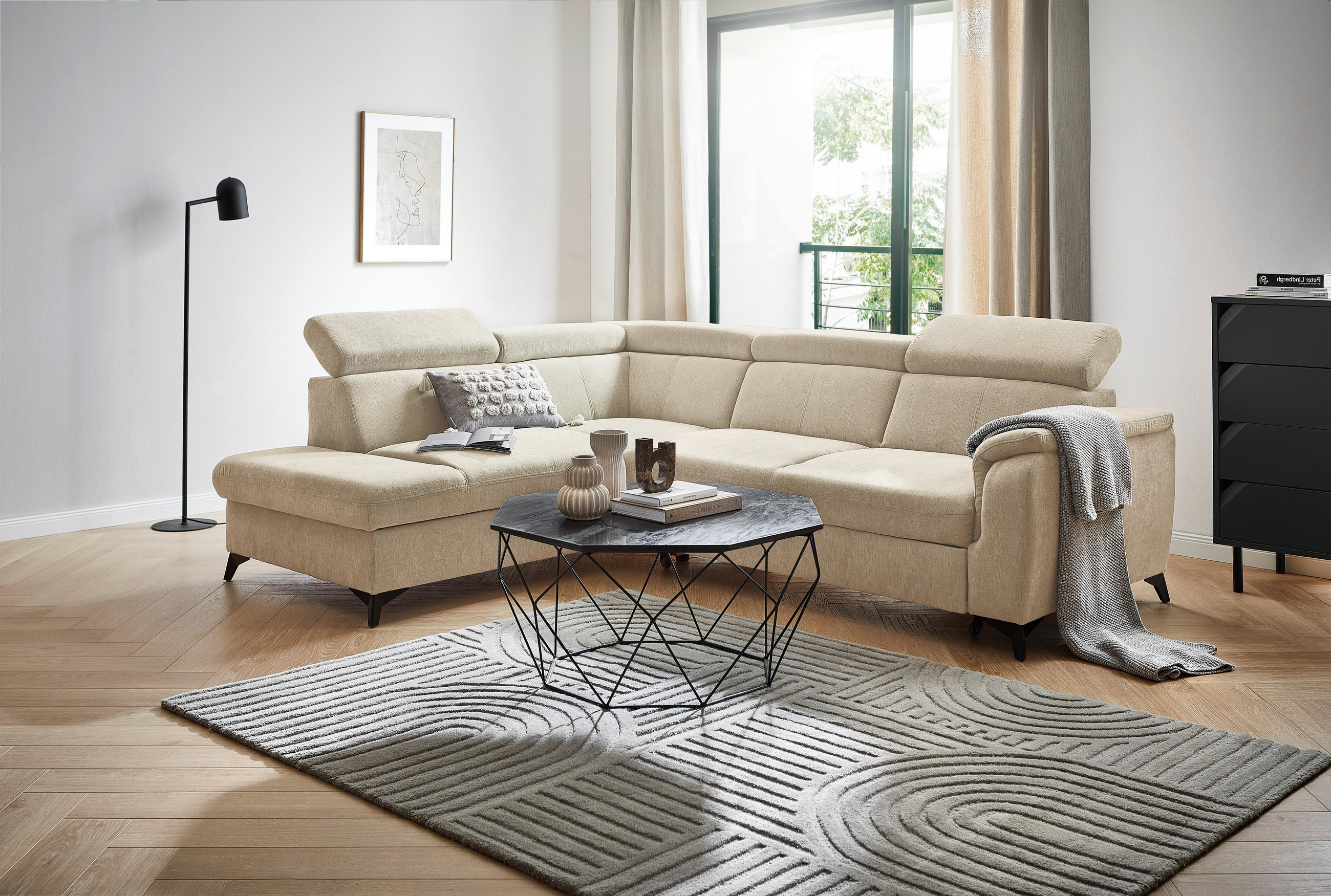 ECKSOFA in Chenille Naturfarben  - Schwarz/Naturfarben, Design, Textil/Metall (203/260cm) - Stylife