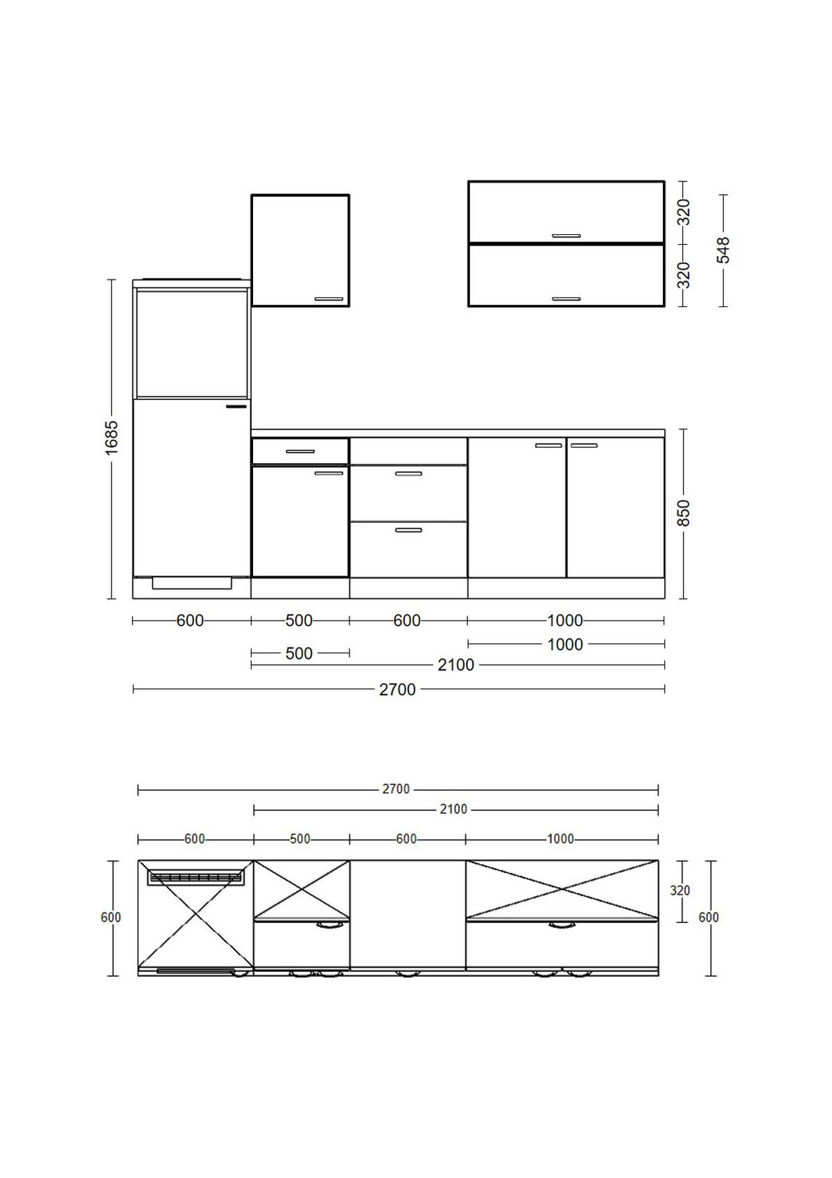 KÜCHENLEERBLOCK 270 cm   in Weiß  - Graubraun/Alufarben, MODERN, Holzwerkstoff/Kunststoff (270cm) - FlexWell