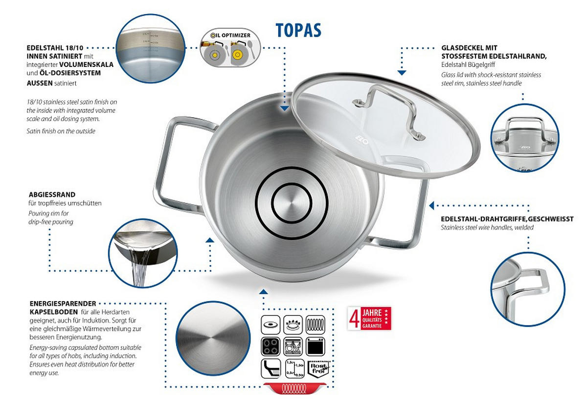 FLEISCHTOPF Topas 5,6 L  - Transparent/Silberfarben, Basics, Glas/Metall (24cm) - ELO