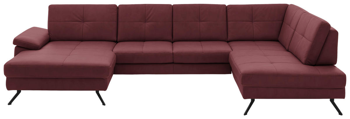 WOHNLANDSCHAFT Lederlook, Mikrofaser Bordeaux  - Bordeaux/Schwarz, Design, Textil/Metall (179/343/220cm) - Beldomo System