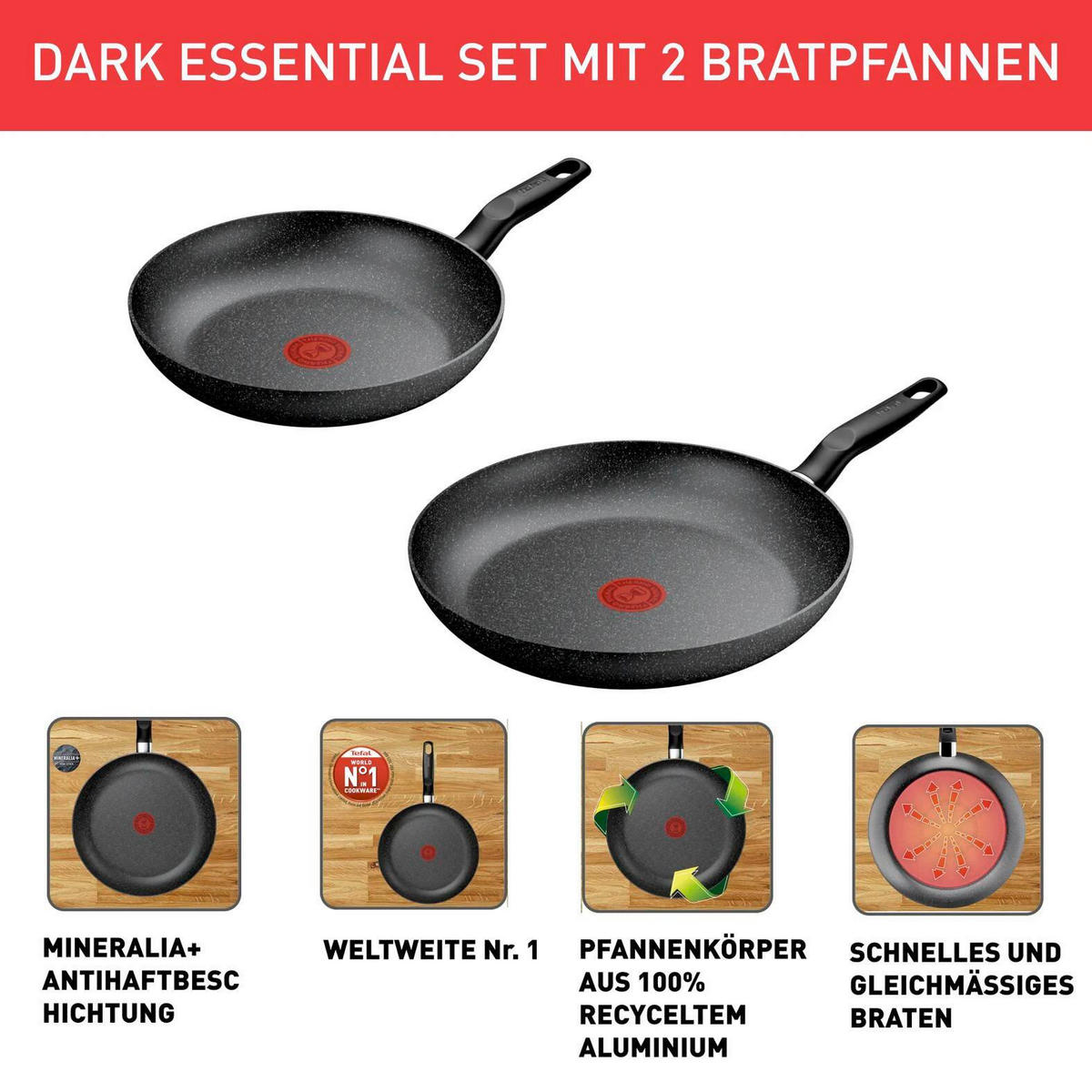 PFANNENSET Dark Essential Aluminium 2-teilig  - Schwarz, Basics, Metall (24 / 28cm) - Tefal