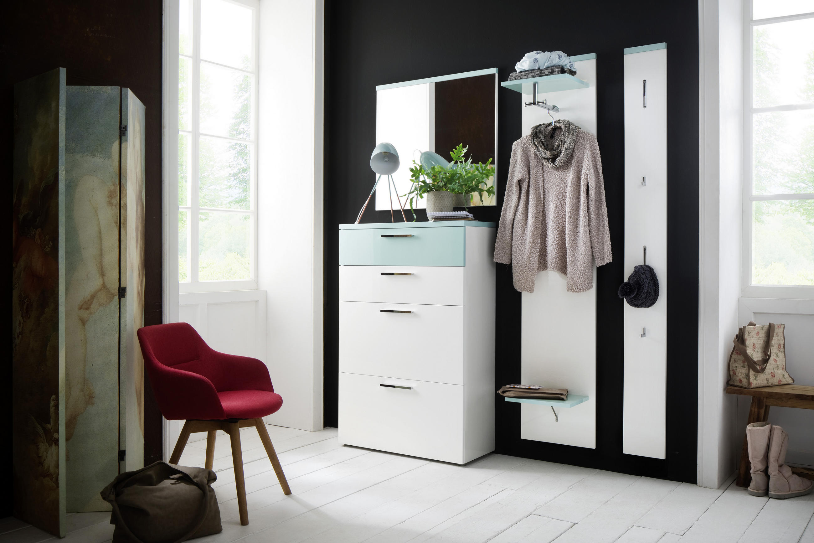 Thumbnail - Moderano Garderobe, Weiß, Mintgrün, Glas, Holzwerkstoff, 4-teilig, 161x220x35 cm, Made in Germany, Garderobe, Garderoben...