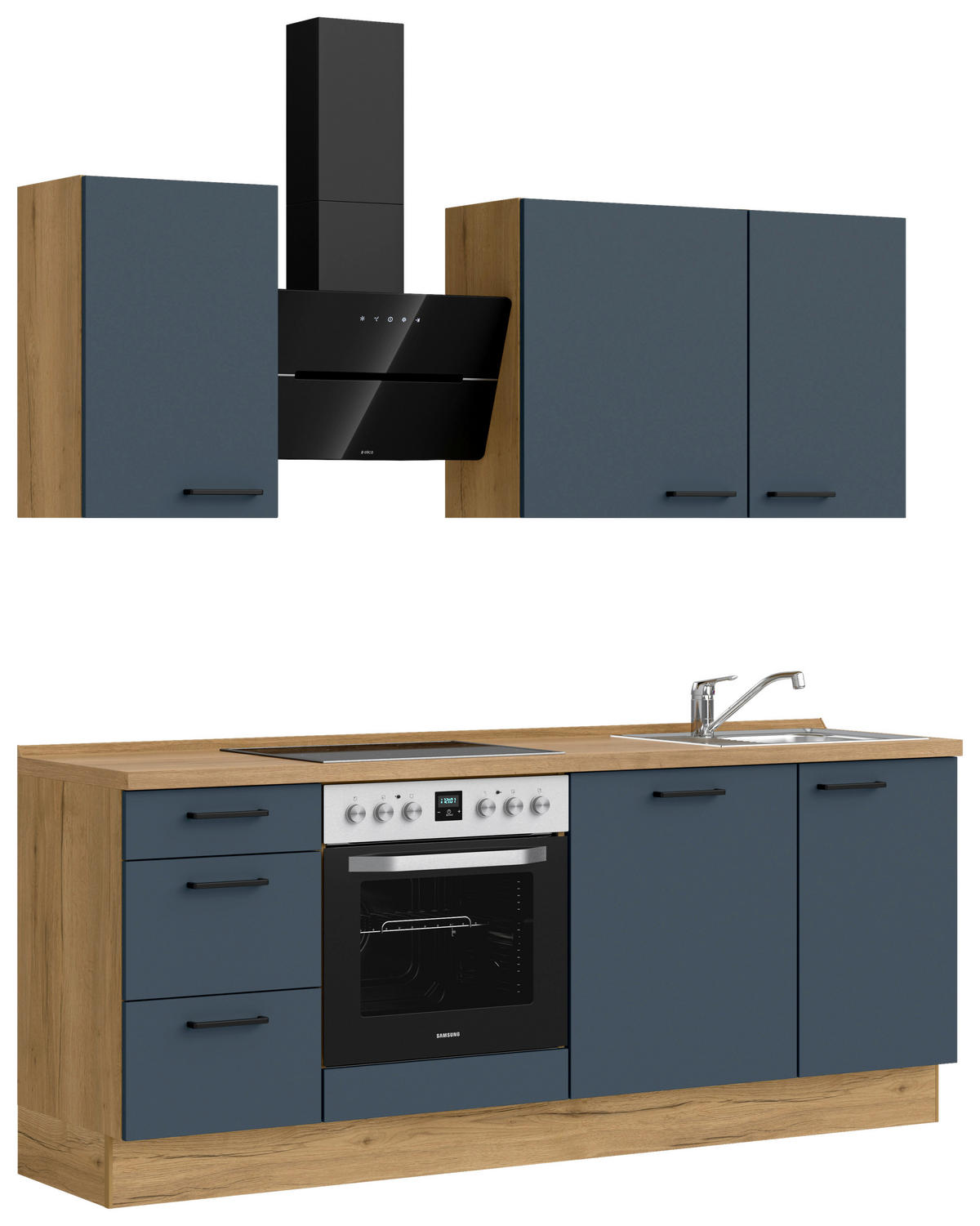 KÜCHENBLOCK Easytouch 210 cm  in Eichefarben, Dunkelblau  - Eichefarben/Schwarz, MODERN, Holzwerkstoff/Metall (210cm) - Nobilia