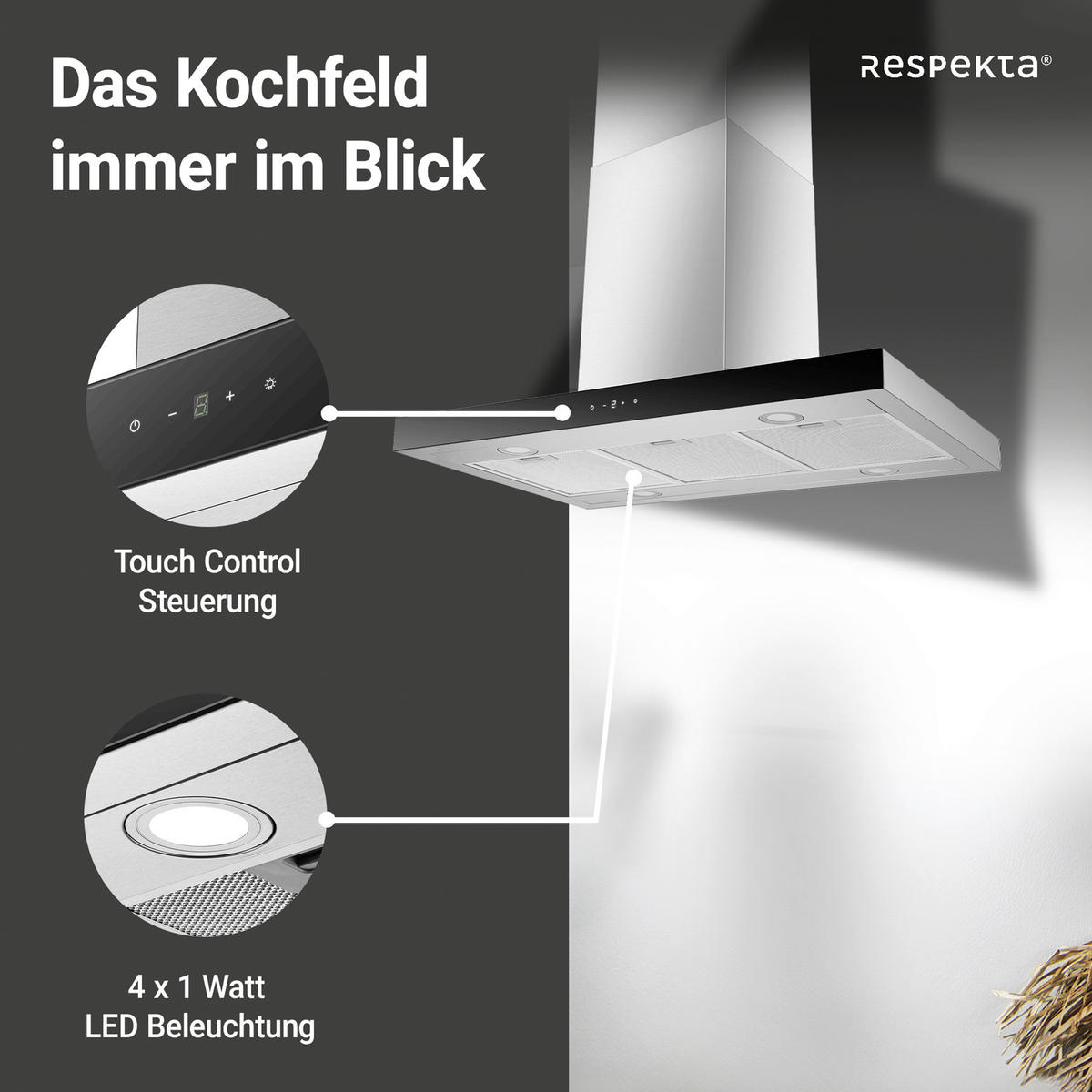 DUNSTABZUGSHAUBE CH44199IX-21  - Edelstahlfarben, Trend, Glas/Metall (89,5/65/60cm) - Respekta