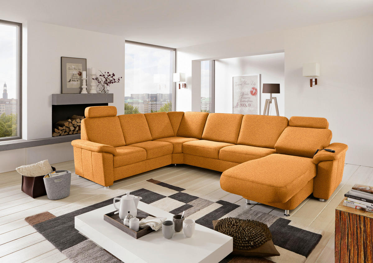 WOHNLANDSCHAFT in Flachgewebe Currygelb  - Chromfarben/Currygelb, Konventionell, Textil/Metall (240/330/163cm) - Beldomo System