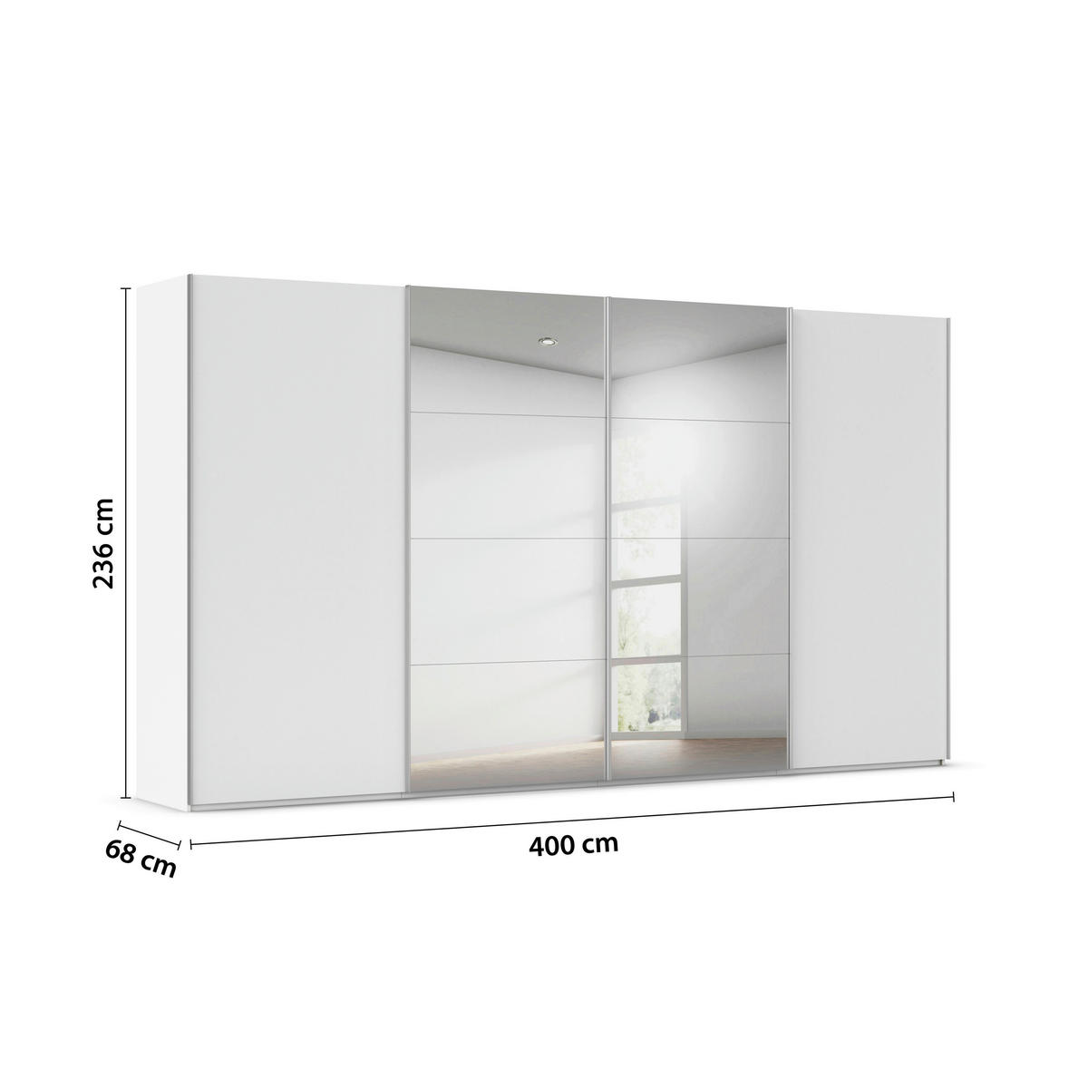 SCHWEBETÜRENSCHRANK 400/236/68 cm 4-türig Weiß, Weiß Hochglanz  - Weiß Hochglanz/Alufarben, Basics, Glas/Holzwerkstoff (400/236/68cm) - Novel