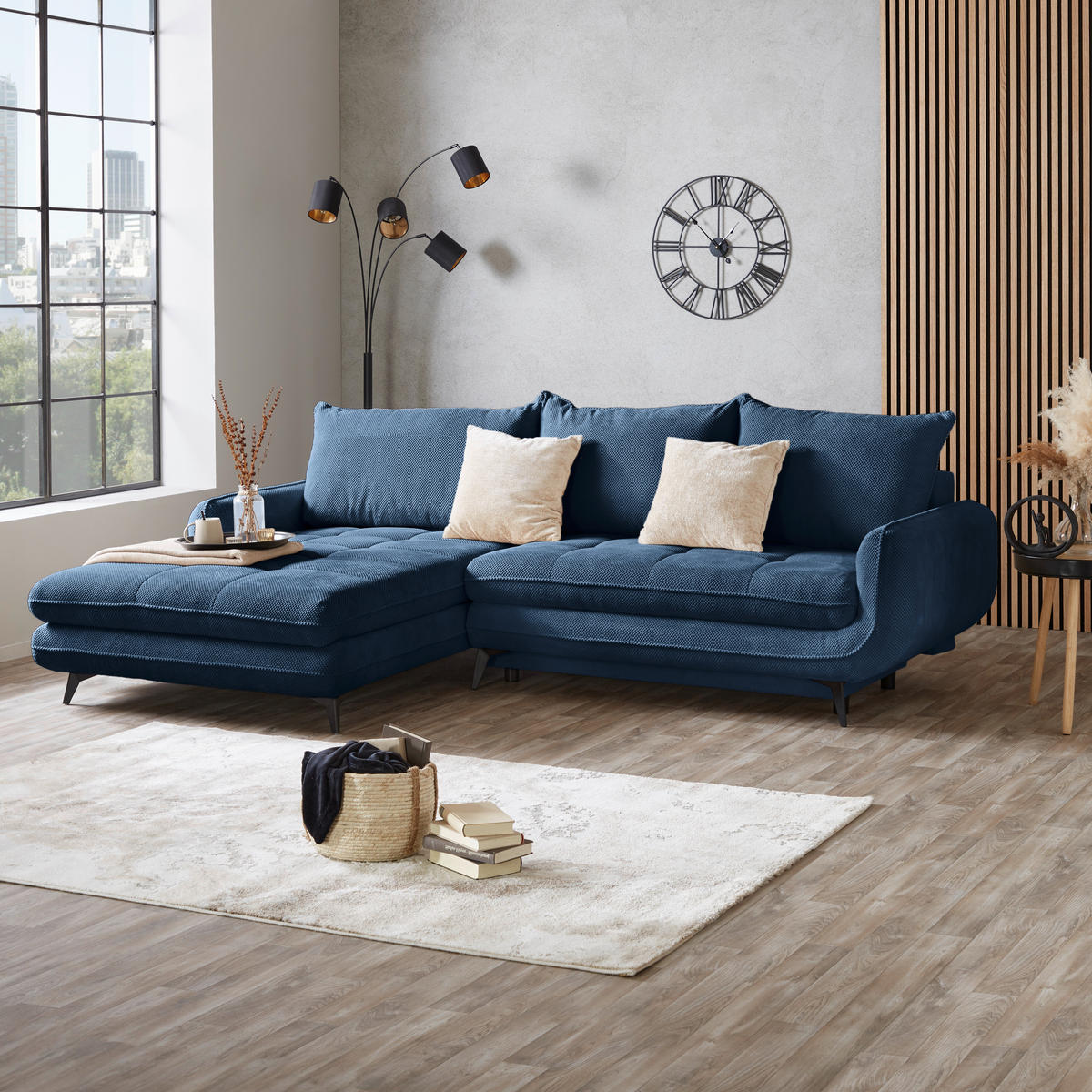 ECKSOFA WAVE Dunkelblau Struktur  - Beige/Schwarz, MODERN, Textil/Metall (189/266cm) - MID.YOU
