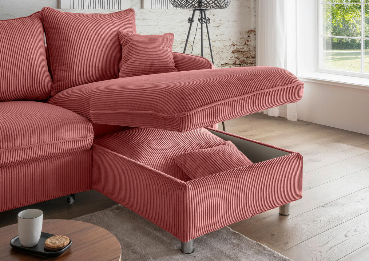 ECKSCHLAFSOFA in Cord Koralle  - Chromfarben/Koralle, Modern, Textil/Metall (254/160cm) - Livetastic