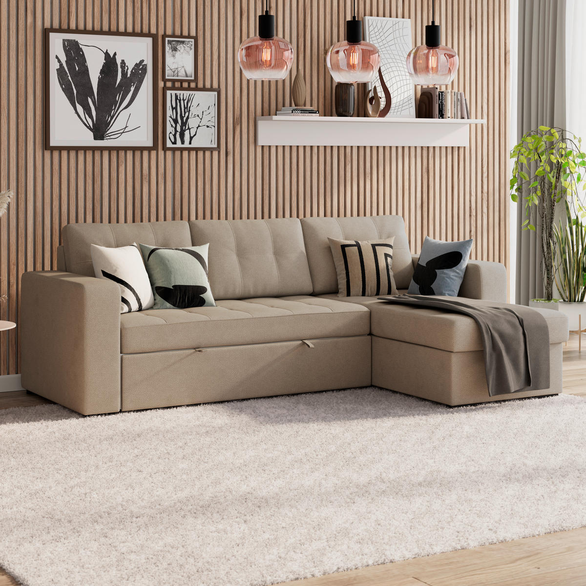 ECKSOFA TURIN Beige Mikrofaser, Struktur Rückenkissen, Bettkasten  - Beige/Schwarz, Trend, Textil/Metall (239/160cm) - MID.YOU