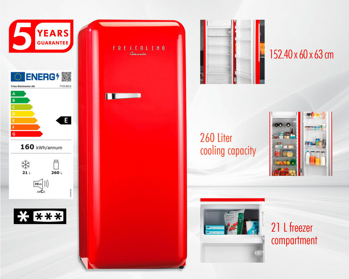 KÜHLSCHRANK 60/152,4/63 cm FRESCOLINO CLASSIC 281L  - Rot, Design, Kunststoff (60/152,4/63cm) - Trisa Electronics