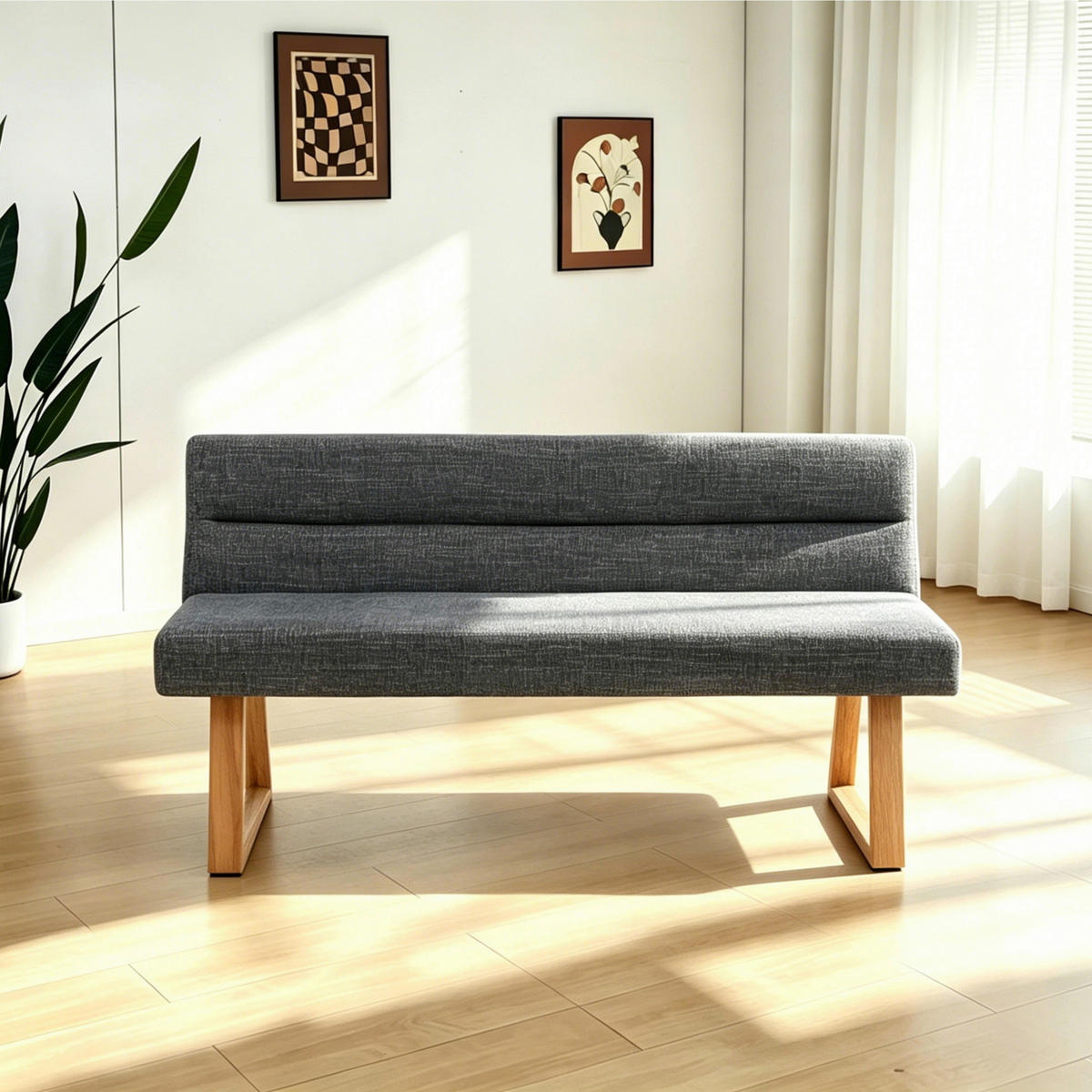 SITZBANK 140/82/61 cm Leinenoptik Eichefarben, Dunkelgrau Eiche massiv  - Eichefarben/Dunkelgrau, MODERN, Holz/Textil (140/82/61cm) - Livetastic