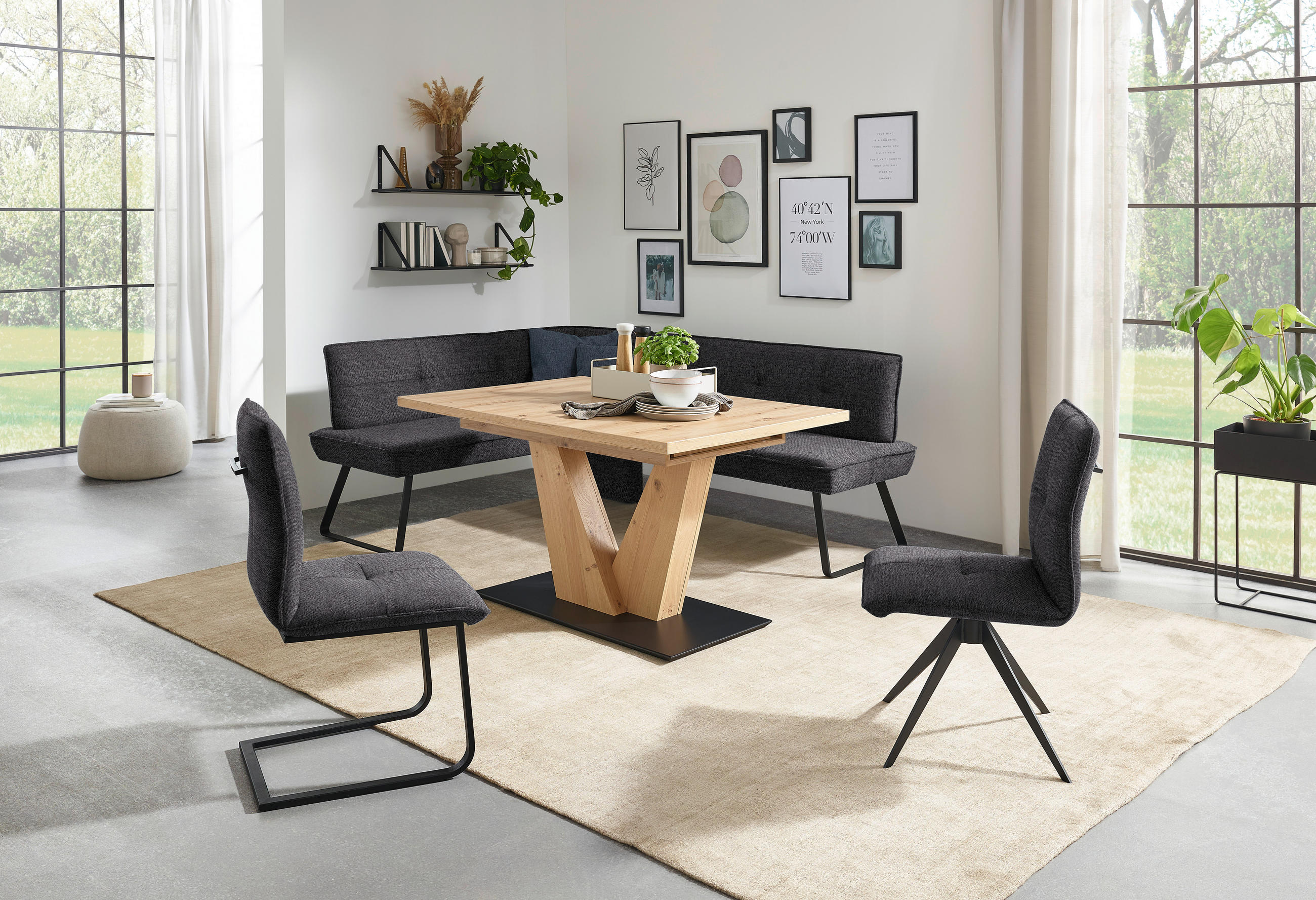 ECKBANK 204/157 cm Flachgewebe Anthrazit, Schwarz Metall   - Anthrazit/Schwarz, Design, Textil/Metall (204/157cm) - Dieter Knoll