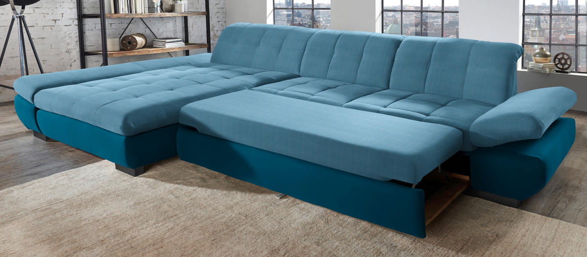 ECKSOFA in Mikrofaser Hellblau  - Schwarz/Hellblau, Design, Textil/Metall (341/204cm) - Xora