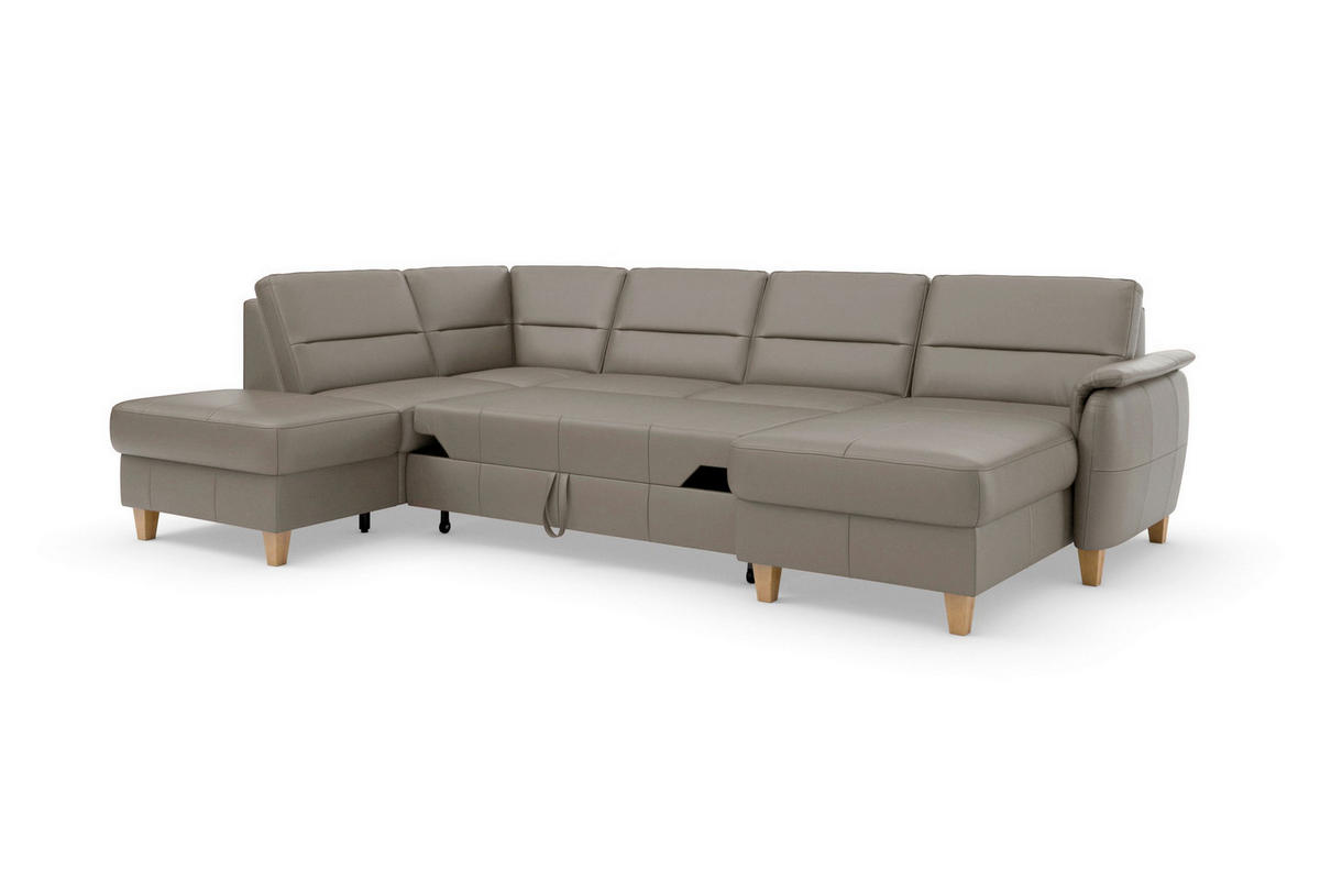 SEDACÍ SOUPRAVA, kůže, šedá - šedá/barvy dubu, Basics, dřevo/kůže (212/308/163cm) - Sit & More
